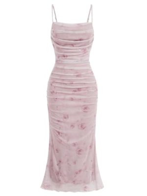 Women's Floral Print Ruched Sleeveless Cami Dress Fishtail Bodycon Midi Dress
