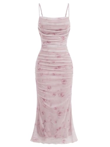 Women's Floral Print Ruched Sleeveless Cami Dress Fishtail Bodycon Midi Dress