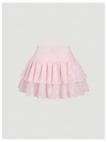 Women's Layered Ruffle Mini Skirt Floral Embroidered Elastic Waist A Line Skirt
