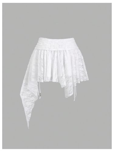 Women's Flowy Drawstring Lace Mini Skirt Ruched Asymmetrical Ruffle Y2k Raved Short Skirts