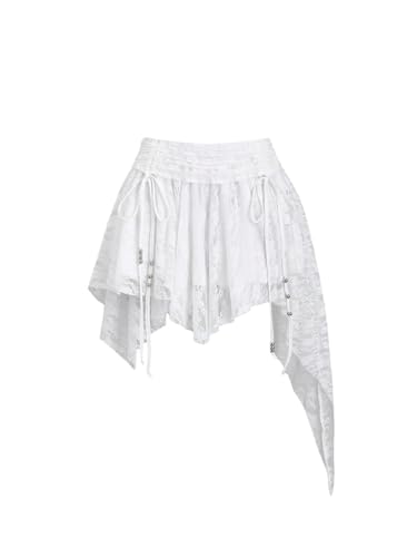 Women's Flowy Drawstring Lace Mini Skirt Ruched Asymmetrical Ruffle Y2k Raved Short Skirts