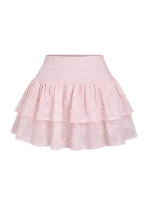 Women's Layered Ruffle Mini Skirt Floral Embroidered Elastic Waist A Line Skirt