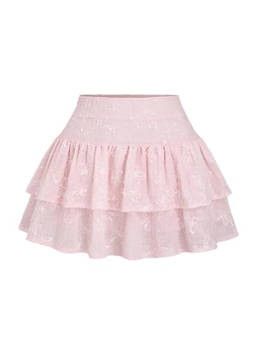 Women's Layered Ruffle Mini Skirt Floral Embroidered Elastic Waist A Line Skirt