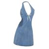 Women's Bow Halter Mini Jean Dress Lace Trim Sleeveless Backless Denim Dresses
