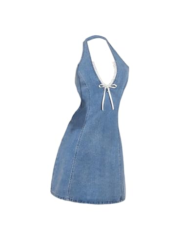 Women's Bow Halter Mini Jean Dress Lace Trim Sleeveless Backless Denim Dresses