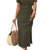 Women 2025 Summer Casual Dress Tie Waist T Shirt Short Sleeve Beach Crew Neck Slit Maxi Trendy