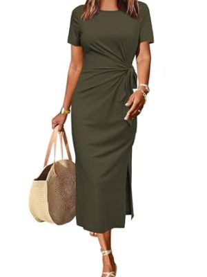 Women 2025 Summer Casual Dress Tie Waist T Shirt Short Sleeve Beach Crew Neck Slit Maxi Trendy