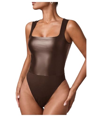 Women's PU Leather Bodysuit Tank Tops Square Neck Sleeveless Slim Fit Leotard Top