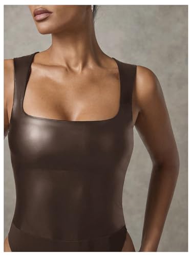 Women's PU Leather Bodysuit Tank Tops Square Neck Sleeveless Slim Fit Leotard Top