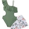 Girl's 2 Piece Swimsuit Asymmetrical Ruffle One Piece with Tropical Print Cover Up Skirt