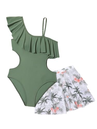 Girl's 2 Piece Swimsuit Asymmetrical Ruffle One Piece with Tropical Print Cover Up Skirt