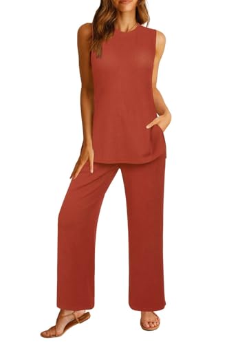 Womens Summer 2 Piece Outfits Ribbed Knit Tank Tops Wide Leg Pants Lounge Set Matching Tracksuit 2024 Spring Fashion