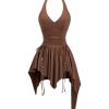 Women's Punk Halter Mini Dress Western Asymmetrical Ruffle Sleeveless Drawstring Ruched A Line Dresses