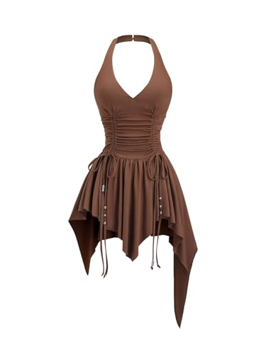 Women's Punk Halter Mini Dress Western Asymmetrical Ruffle Sleeveless Drawstring Ruched A Line Dresses