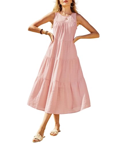 Women's 2024 Summer Midi Dresses Sleeveless Crewneck Beach Boho Casual Loose Long Flowy Tiered Sundress with Pockets