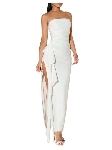 Women's Ruffle High Split Strapless Bodycon Dress Cocktail Wedding Party Maxi Dresses