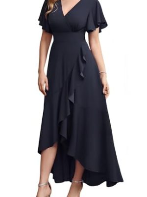 Long Formal Dresses for Women Elegant V Neck Wrap Ruffle Cocktail Wedding Guest Dress Evening Party Gown