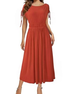 Womens 2025 Summer Drawstring Cap Sleeve Boat Neck Smocked Casual Vacation Outfits Vestidos Midi Dress
