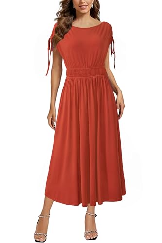 Womens 2025 Summer Drawstring Cap Sleeve Boat Neck Smocked Casual Vacation Outfits Vestidos Midi Dress