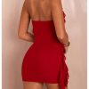 Women's Sexy Mesh Deep V Neck Ruffle Trim Halter Mini Dress 3D Flower Decor Sleeveless Cocktail Dress