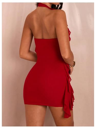 Women's Sexy Mesh Deep V Neck Ruffle Trim Halter Mini Dress 3D Flower Decor Sleeveless Cocktail Dress