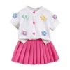 Toddler Girl's Cute 2 Piece Outfits Floral Applique Knit Tee Pleated Skirt Set