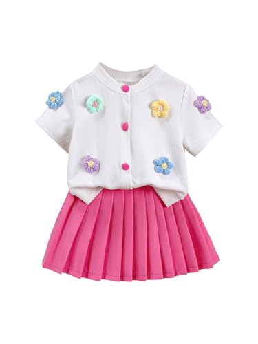 Toddler Girl's Cute 2 Piece Outfits Floral Applique Knit Tee Pleated Skirt Set