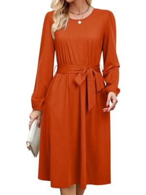 Womens Long Sleeve Casual Dresses 2025 Business Work Teacher Fall Church Belted A Line Flowy Midi Dress
