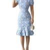 Women's Floral Fishtail Bodycon Dress Puff Sleeve Knee Length Cocktail Party Dresses