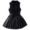 Toddler Girl's 2 Piece Outfits Button Collar Tank Top Pleated Pu Leather Aline Skirt Set