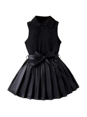 Toddler Girl's 2 Piece Outfits Button Collar Tank Top Pleated Pu Leather Aline Skirt Set