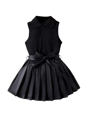 Toddler Girl's 2 Piece Outfits Button Collar Tank Top Pleated Pu Leather Aline Skirt Set