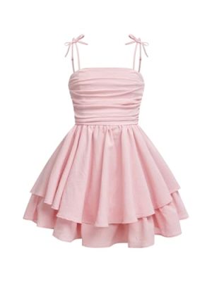 Toddler Girl's Bow Tie Shoulder Layered Ruffle Cami Dress Ruched Swing Short Dresses