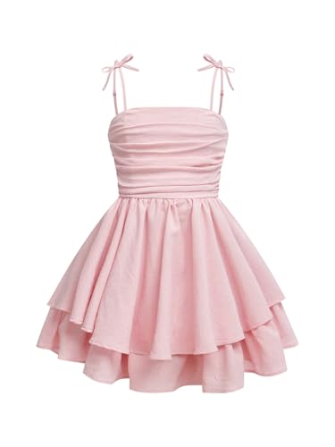 Toddler Girl's Bow Tie Shoulder Layered Ruffle Cami Dress Ruched Swing Short Dresses