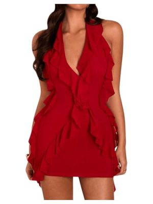 Women's Sexy Mesh Deep V Neck Ruffle Trim Halter Mini Dress 3D Flower Decor Sleeveless Cocktail Dress