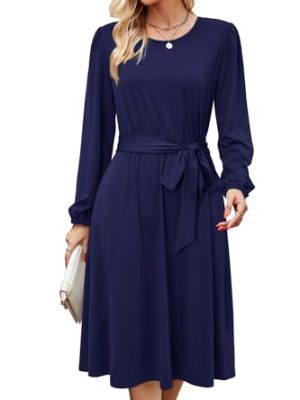 Womens Long Sleeve Casual Dresses 2025 Business Work Teacher Fall Church Belted A Line Flowy Midi Dress