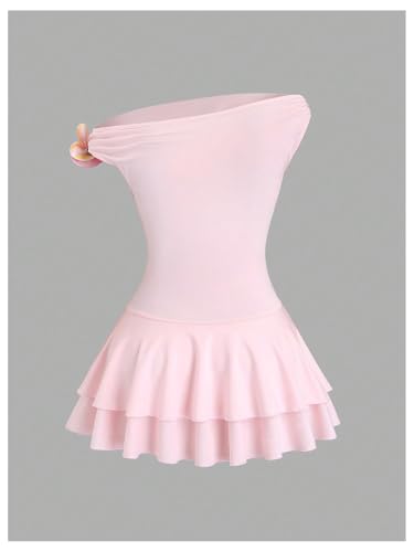 Women's Off Shoulder Layered Ruffle Dress 3D Flower Asymmetrical Flared Mini Dresses