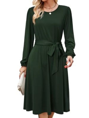 Womens Long Sleeve Casual Dresses 2025 Business Work Teacher Fall Church Belted A Line Flowy Midi Dress