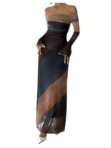 Women's Off Shoulder Long Bell Sleeve Dress Printed Ruched Dresses
