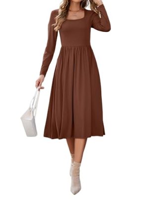 Women's Summer Square Neck Ribbed Knit Short/Long Sleeve A Line Flowy Midi Dress with Pockets