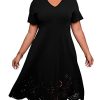 Women's Plus Size V Neck Scallop Trim Cut Out Short Sleeve A Line Swing Midi Dress