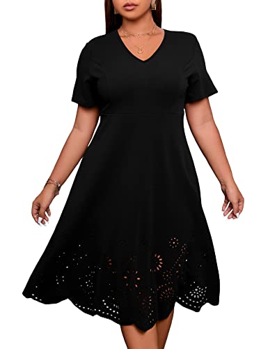 Women's Plus Size V Neck Scallop Trim Cut Out Short Sleeve A Line Swing Midi Dress