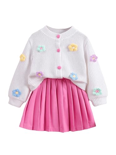 Toddler Girl's 2 Piece Outfits 3D Flower Button Down Cardigan and Pleated Aline Skirts Set