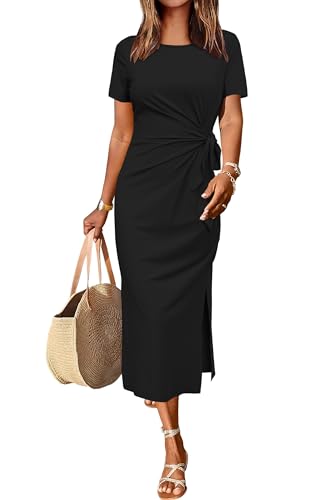 Women 2025 Summer Casual Dress Tie Waist T Shirt Short Sleeve Beach Crew Neck Slit Maxi Trendy