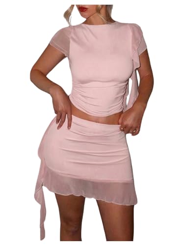 Women's 2 Piece Sets Ruffle Ruched Top Bodycon Mini Skirt 2025 Going Out Party Cocktail Wedding Outfits