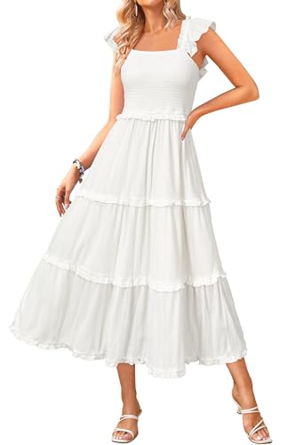 Women's 2025 Summer Wedding Guest Dress Ruffle Sleeve Smocked Square Neck Long Flowy Tiered Maxi Sundress