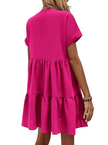 Women's Roll Up Short Sleeve V Neck Ruffle Hem Solid Swing Smock Dress