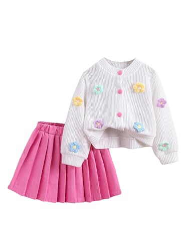 Toddler Girl's 2 Piece Outfits 3D Flower Button Down Cardigan and Pleated Aline Skirts Set