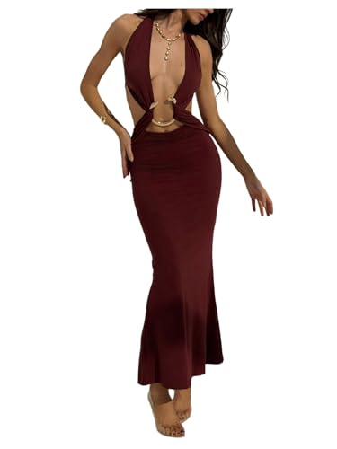 Women's Cut Out Tie Backless Halter Maxi Dress Sexy Sleeveless Ring Linked Fishtail Bodycon Dresses