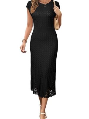 Women Fall 2025 Teacher Outfits Church Midi Cap/Long Sleeve Hollow Knit Modest Business Casual Sweater Dress